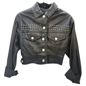 Vintage 90s LIMITED Women's Cropped Black Leather Jacket Stud Detail Size Small